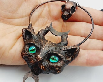 Electroformed Horned Cat Pendant with Skull & Crescent Moons (Copper)