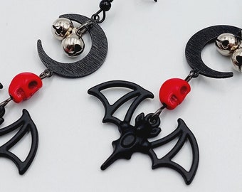 Gothic Vampire Bat Skull Bell Earrings