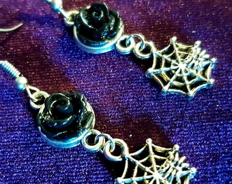 Spiderweb Black Rose Earrings