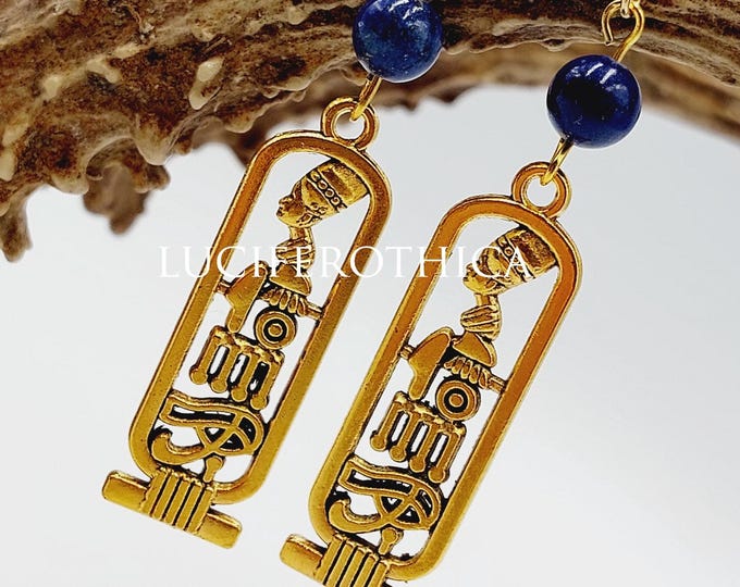 Egyptian Pharao Cartouche Earrings with Lapis Lazuli Crystal