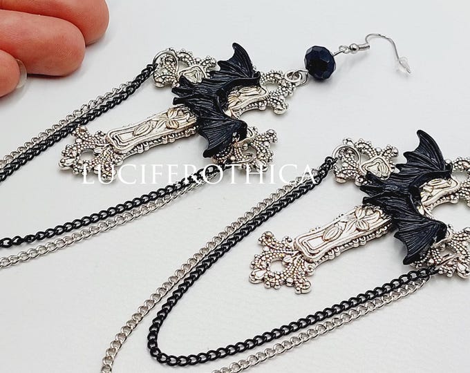 Traditional Gothic Cross Earrings with Bats and Elegant Hangins Chains