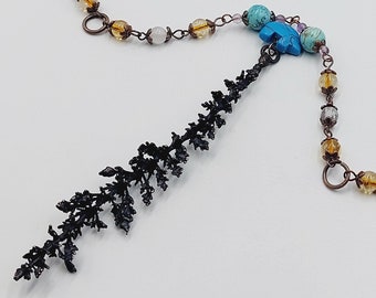 Yarrow Necklace with Crystal Quartz, Citrine & Turquoise (Electroformed Copper)