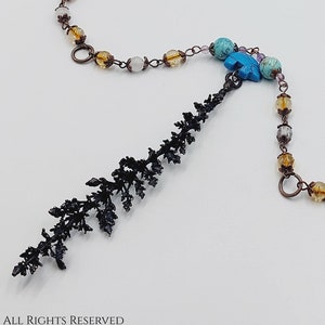 Yarrow Necklace with Crystal Quartz, Citrine & Turquoise (Electroformed Copper) -  sanguinary milfoil witches healing shamanic pendant gift