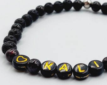 Dog / Cat Collar with Lava Stone, Obsidian & Garnet Crystal Beads (Personalised Name in Black and Gold Letters) - Small Dog Breeds