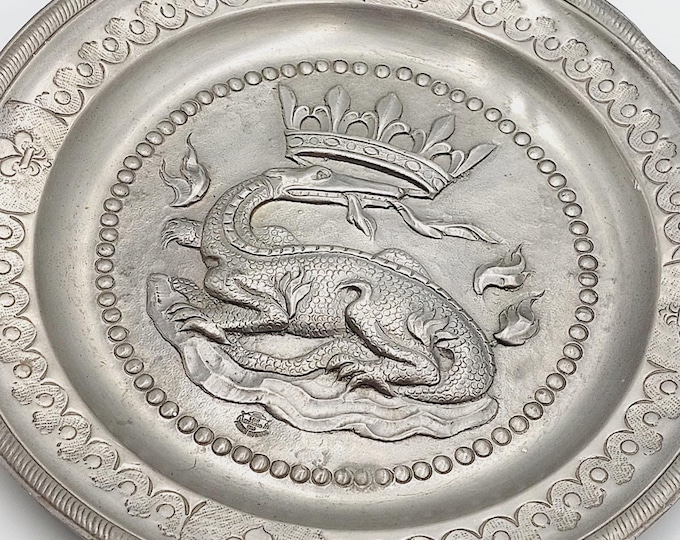 Vintage Crowned Dragon Tin Wall Deco Plaque - Salamander in flames, emblem of King Francis I