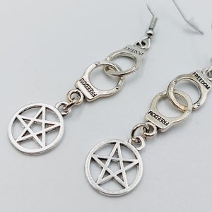 Satanic Handcuff Earrings - inverted pentagram gothic handcuffs freedom break free from chains of dogma pentagram occult blackmagic gift