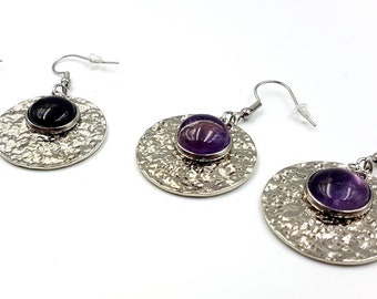 Stainless Steel Gemstone Disc Earrings (Amethyst or Black Agate)