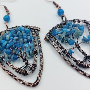 May include: A pair of copper wire earrings featuring a tree of life design. The tree is crafted from blue and green stones and is enclosed within a copper wire frame. The earrings are suspended from copper wire hooks.