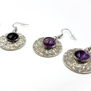 Stainless Steel Gemstone Disc Earrings (Amethyst or Black Agate) - gemstone gothic spiritual