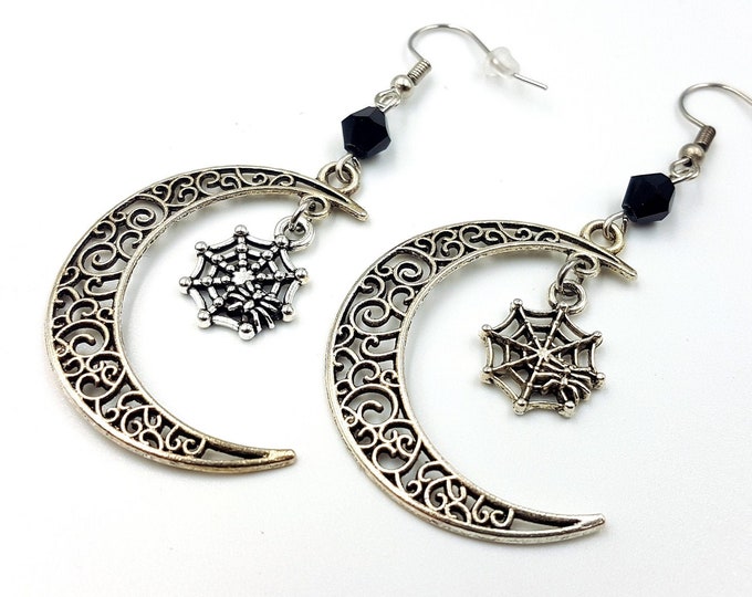 Crescent Moon Goth Spider Earrings