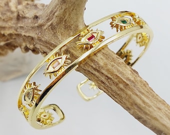 Eye Bangle Bracelet Cuff (18k Gold plated with Zirconia stones)