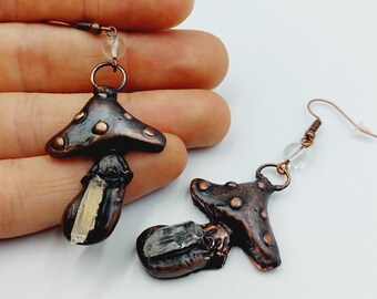 Electroformed Magic Mushroom Earrings with Lemurian Seedcrystals (Copper)