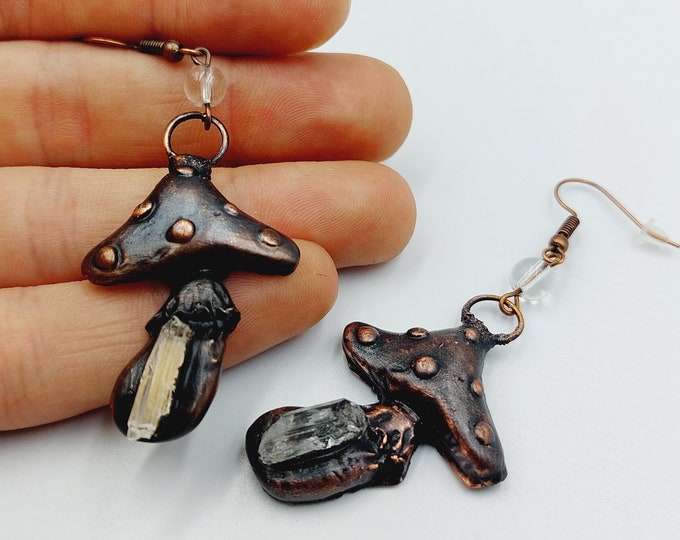 Electroformed Magic Mushroom Earrings with Lemurian Seedcrystals (Copper)