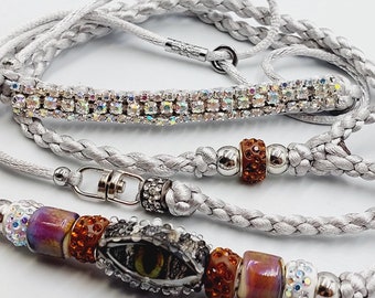 Shiny Silver Eye of the Dragon Showlead with Glassbeads  - (Small Dog Breed)