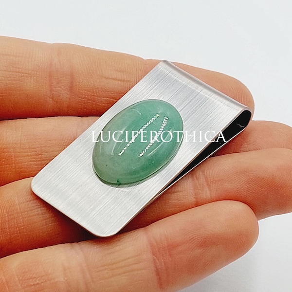 Green Aventurine Crystal Money Clip (Stainless Steel) - good luck prosperity cash paper money notes holder clasp financial gift