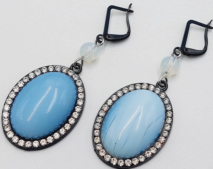 Oval Opalite Earrings with Rhinestones