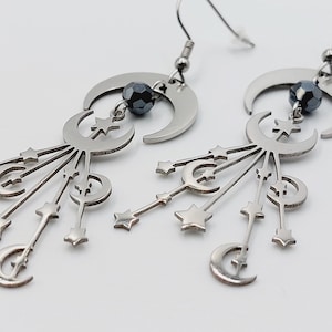 Star & Moon Stainless Steel Earrings - Celestial crescent moon Goth gothic occult crescent lunar space cosmos galaxy jewelry gift