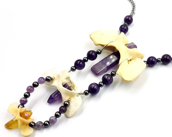 Amethyst Crystal Infused Triple Coyote Bone Necklace