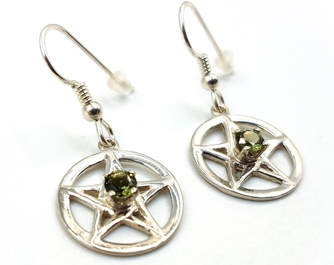 Sterling Silver Pentagram Earrings with Moldavite Crystal