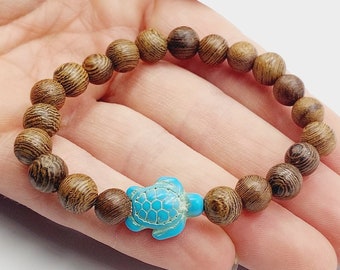 Pachamama Turtle Bracelet - Turquoise turtle charm with Wenge hard wooden beads Mother Earth Native protection tortoise gift healing