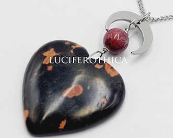 Plum Blossom Jade Heart Necklace with Crescent Moon Charm