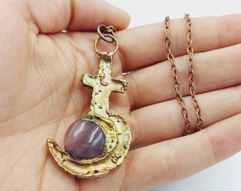 Electroformed Saturn Sign Necklace with Amethyst Crystal (Copper)