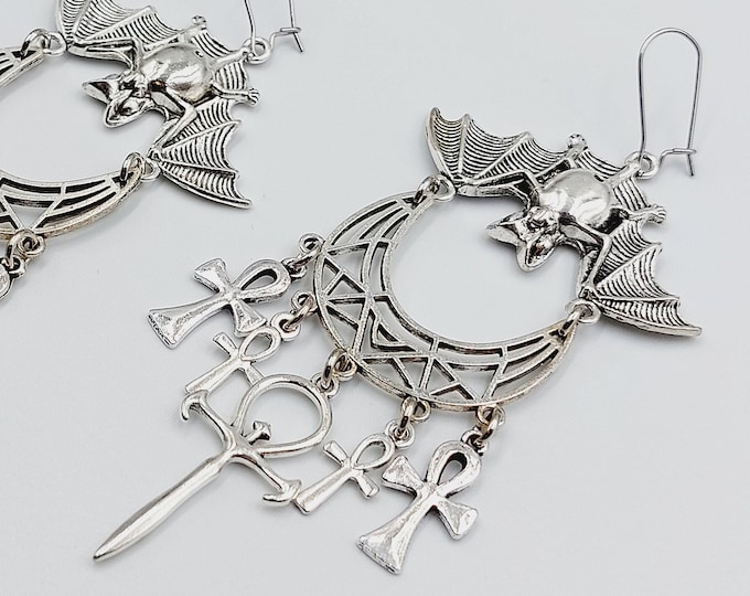 Vampire Ankh Earrings with Inverted Bat