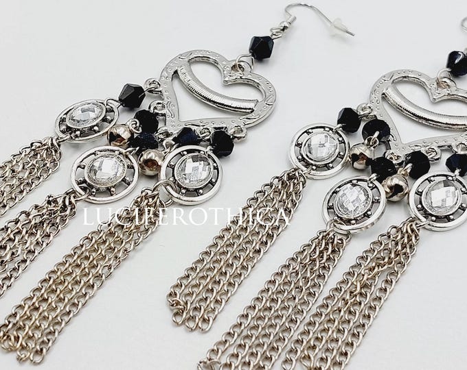 Victorian Gothic Triple Chain Earrings with Rhinstones