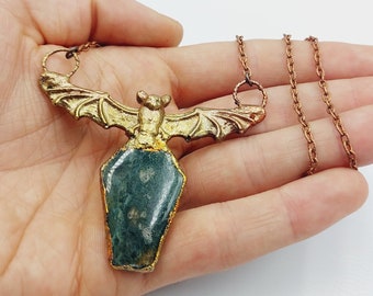 Electroformed Vampire Coffin Bat Necklace with Kambaba Crystal (Copper)