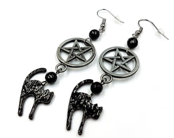 Black Cat Pentagram Earrings