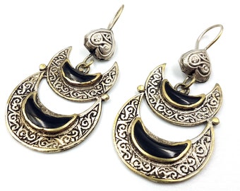 Vintage Crescent Moon Earrings (Black Agate)