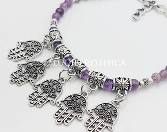 Protective Hand of Fatima Amethyst Crystal Bracelet