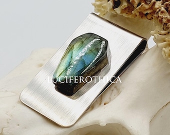 Gothic Coffin Money Clip with Labradorite Crystal (Stainless Steel)