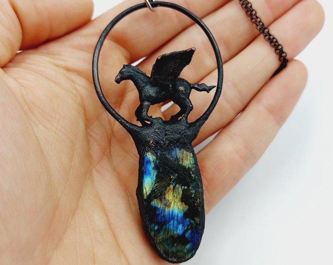Electroformed Pegasus Necklace with Labradorite Crystal (Copper)