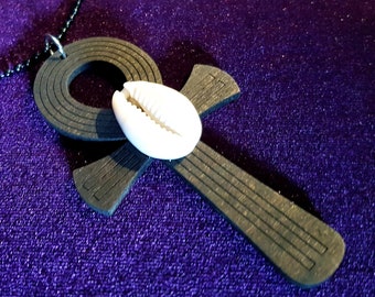 Blackened Wooden Ankh Pendant with Cowri Shell