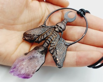 Death's-head Hawkmoth Necklace with Amethyst Crystal (Electroformed Copper)