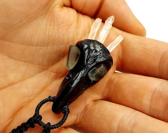 Gemstone Crow Skull Witch Necklace (Obsidian, Crystal, Fluorite, Kunzite)