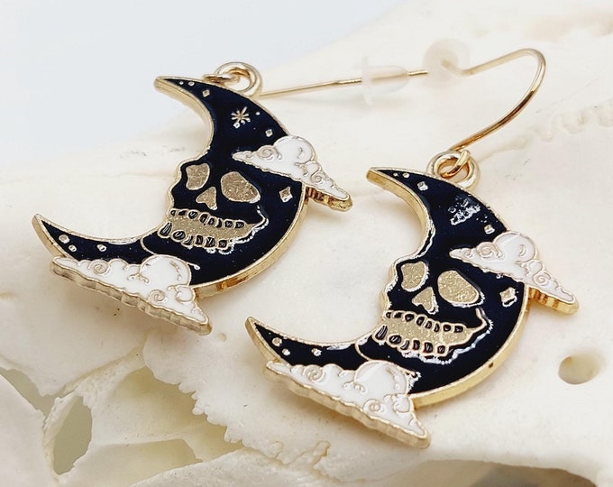 Crescent Moon Skull Earrings with Black & White Enamel