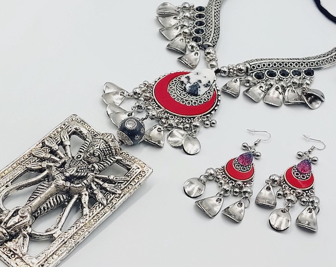 Vedic Durga Shakti Necklace & Earrings Set with Zebra Jasper Crystal