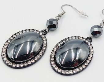 Hematite Rhinestone Earrings - Spiritual crystal healing jewelry polished raw oval shaped gemstone positive energy vibe gift pure crystal