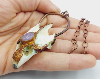 Electroformed Real Turtle Skull Necklace with Amethyst Crystal (Copper)