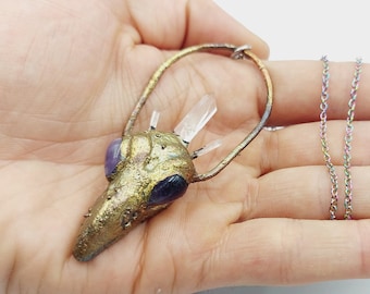 Electroformed Crow Skull Necklace with Amethyst Crystal Eyes & Crystal Quartz Shards (Copper)