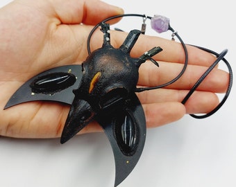 Electroformed Raven Skull Necklace with Aegerine, Amethyst, Tigereye & Black Agate Crystal (Copper)