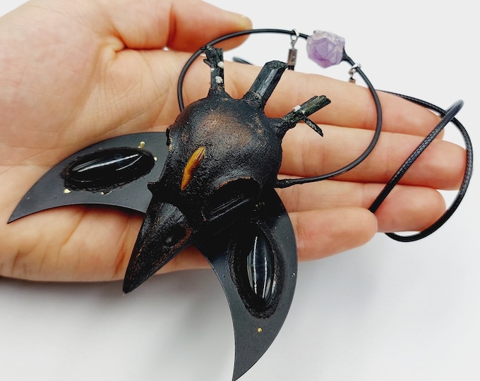 Electroformed Raven Skull Necklace with Aegerine, Amethyst, Tigereye & Black Agate Crystal (Copper)