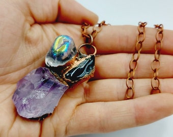 Electroformed Crystal Cluster Necklace with Amethyst, Onyx & Angel Aura Quartz (Copper)