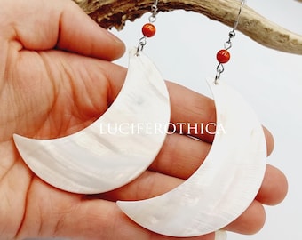 Large Abalone Crescent Moon Earrings with Mother of Pearl Beads