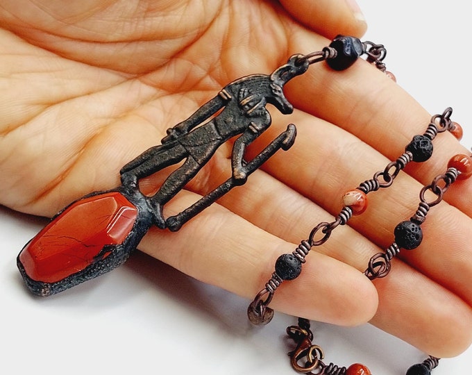 Anubis Red Jasper Necklace (Electroformed Copper)