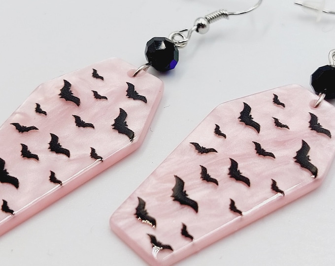 Cloudy Pink Coffin Bat Earrings