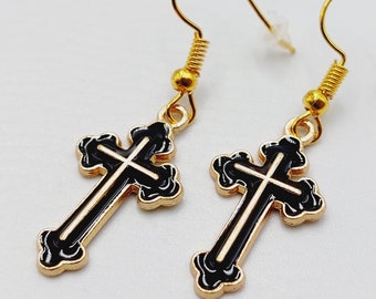 Victorian Black Enamel Gothic Cross Earrings (2 Style Options)