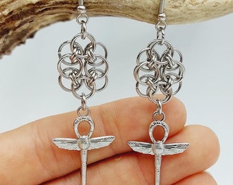 Egyptian Ankh Earrings (Stainless Steel Chainmail Style)